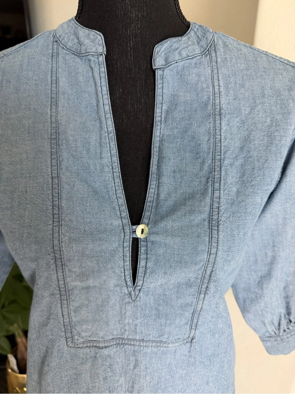 Light Blue Denim Split-Neck Women's Top